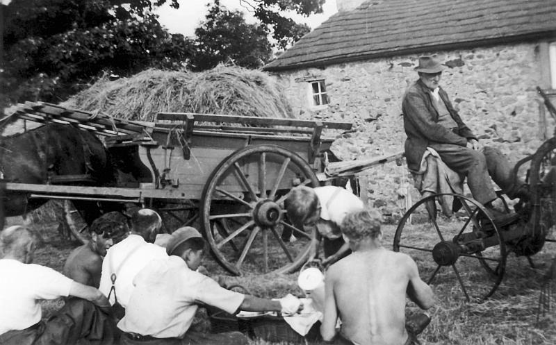 Harvest Lunchwith hay cart.JPG - John Mellin ( Robert's grandfather ) seated on harvester, Robert Mellin standingSeated are three unknown and then Edward Mellin. c 1950's